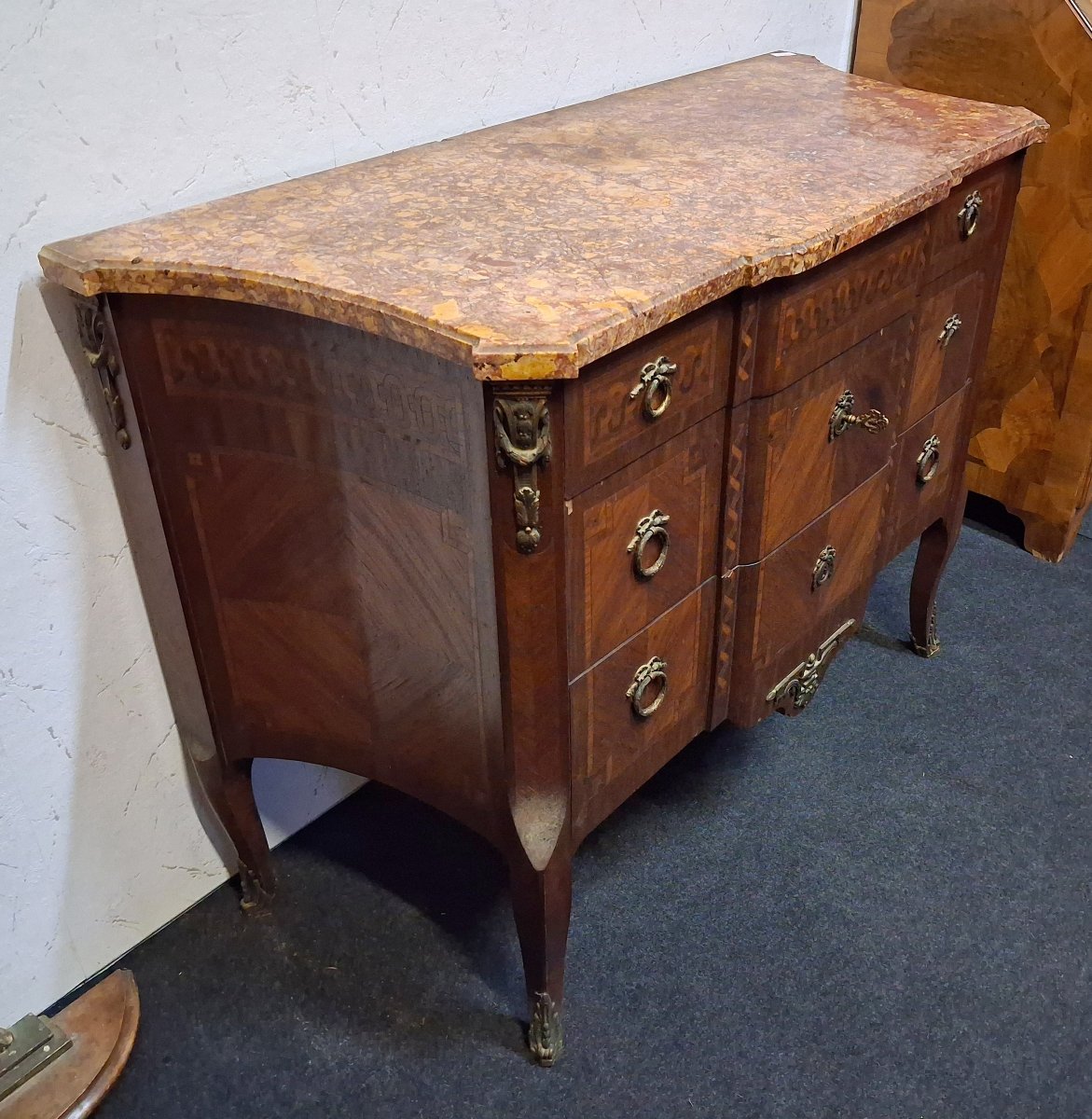 Curved Inlaid Chest Of Drawers – Marble Top – Louis XV–louis XVI Transition Style  -photo-3