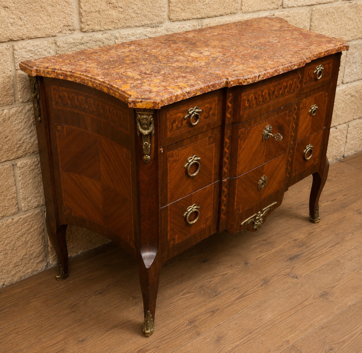 Curved Inlaid Chest Of Drawers – Marble Top – Louis XV–louis XVI Transition Style  