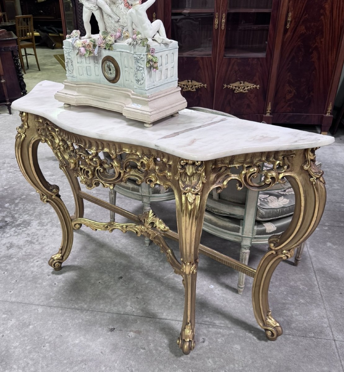 Importante console en bois doré sculpté – Dessus de marbre – Style Louis XV / Rocaille -photo-2