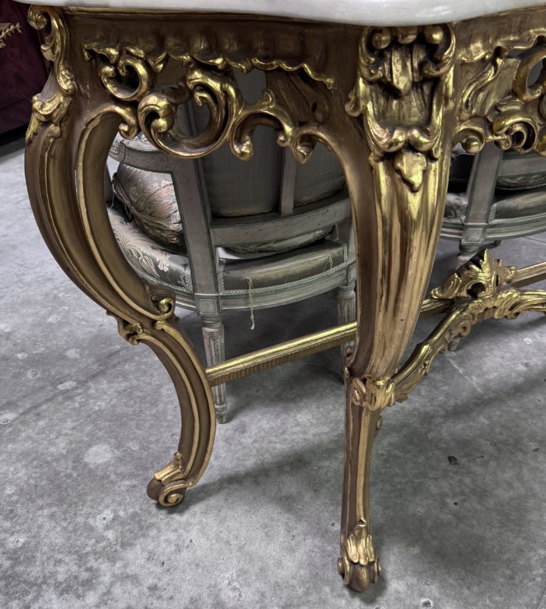 Importante console en bois doré sculpté – Dessus de marbre – Style Louis XV / Rocaille -photo-3