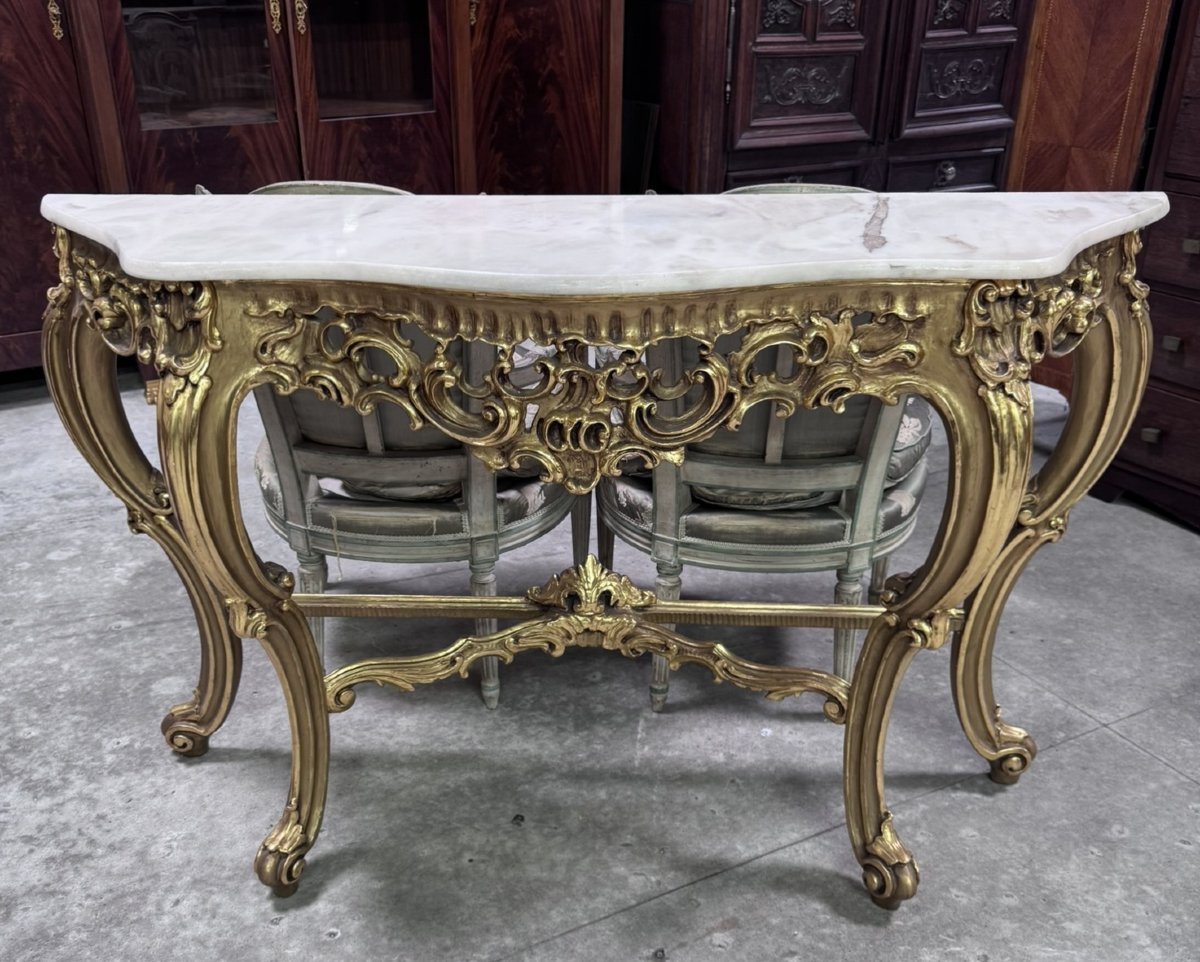 Importante console en bois doré sculpté – Dessus de marbre – Style Louis XV / Rocaille -photo-1