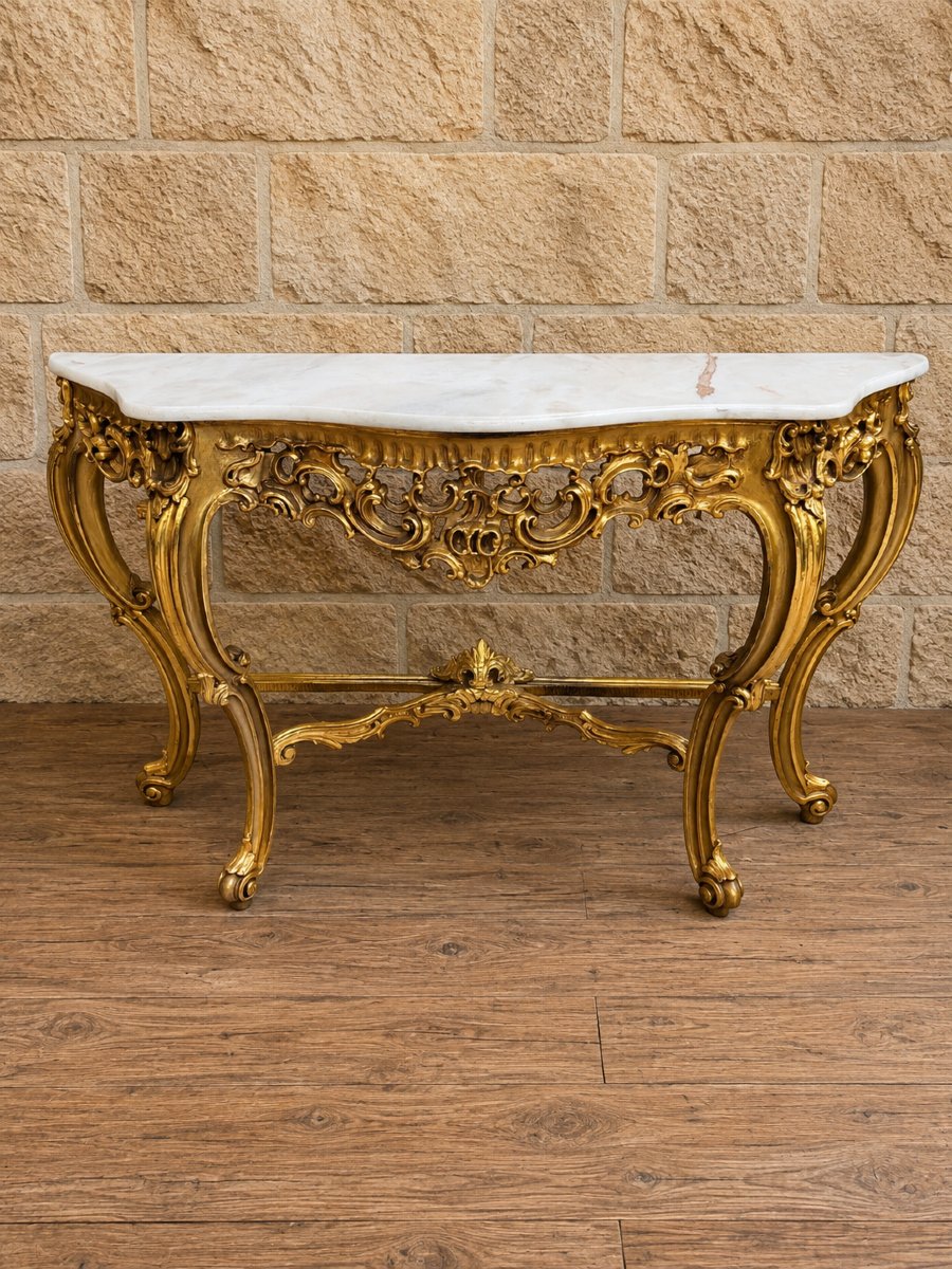 Importante console en bois doré sculpté – Dessus de marbre – Style Louis XV / Rocaille -photo-4