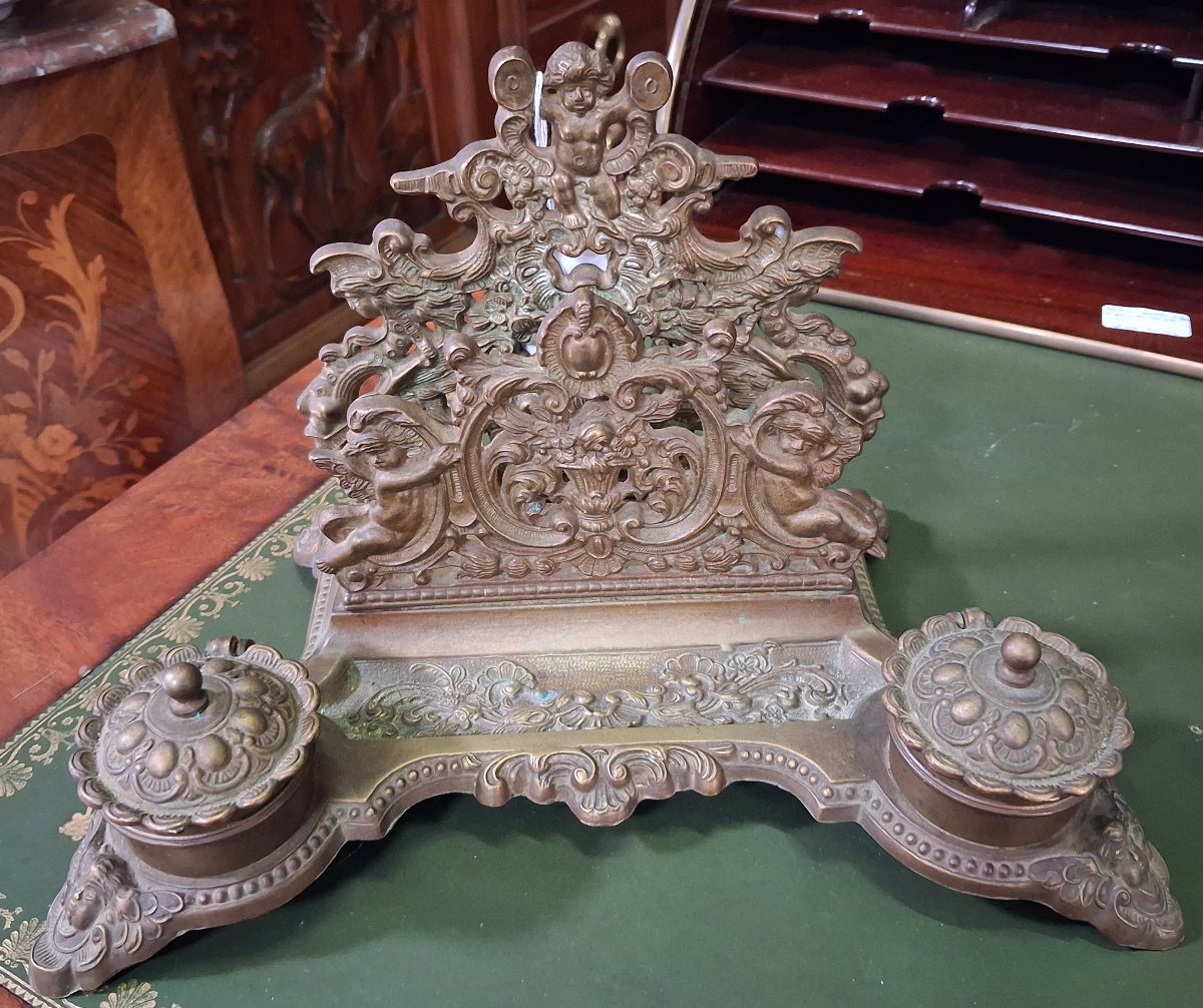 Important encrier en bronze aux angelots – Riche décor néo-Renaissance – XIXe siècle  -photo-3