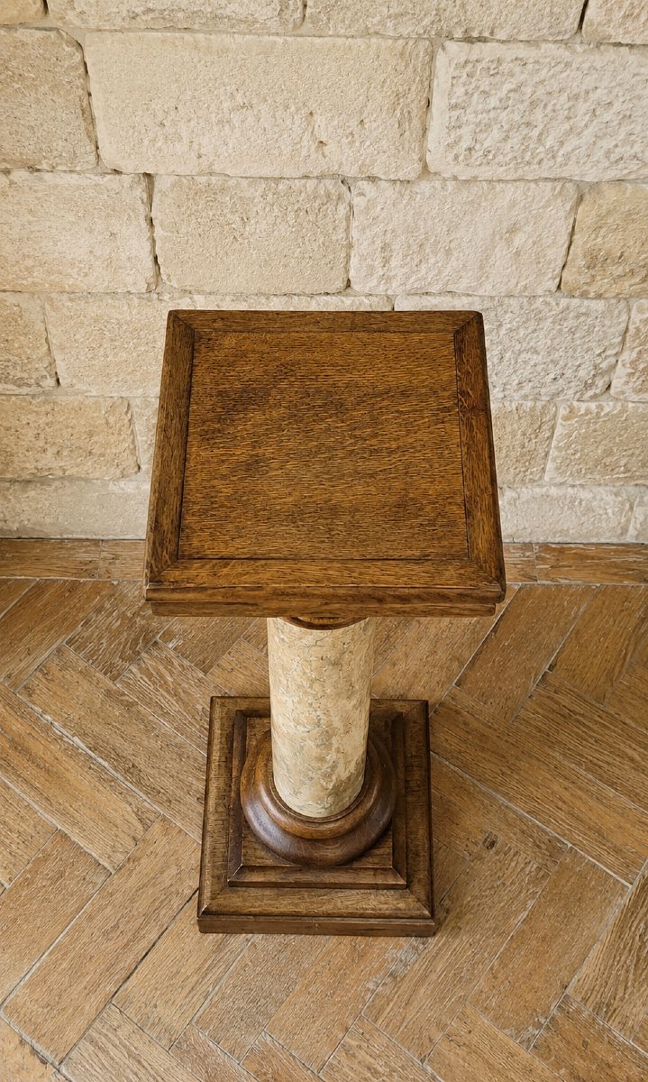 Sellette colonne piédestal en bois et laque en faut semblant de marbre XIXeme -photo-2