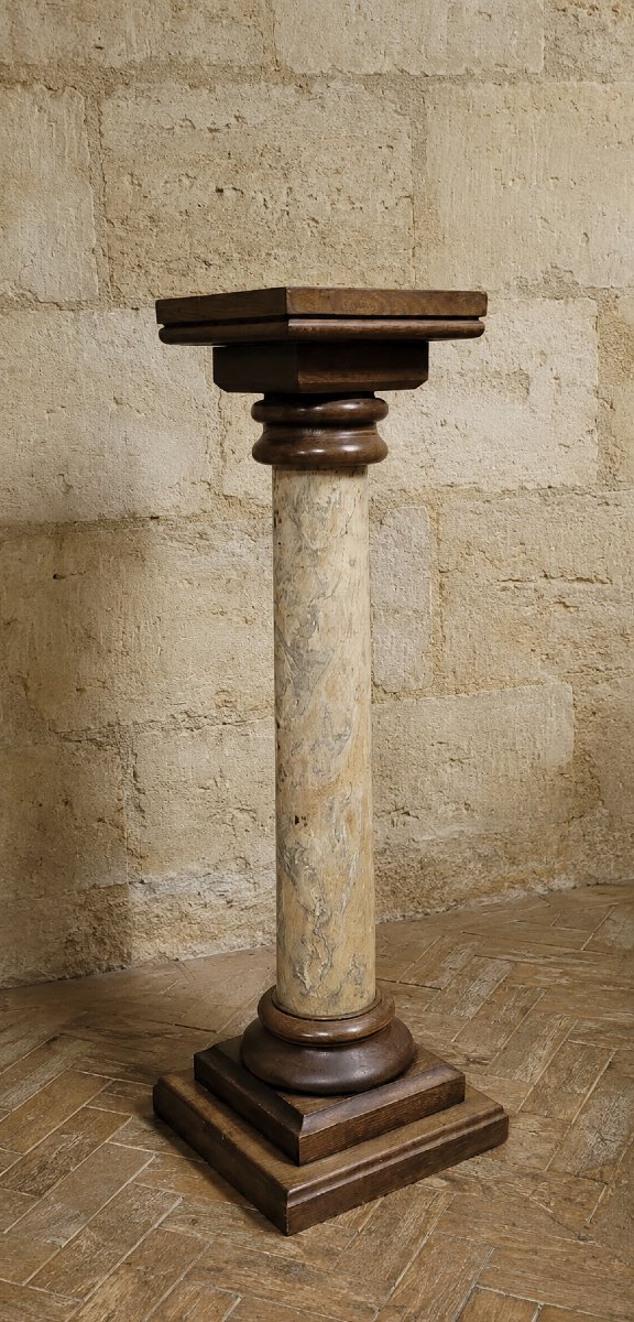 Sellette colonne piédestal en bois et laque en faut semblant de marbre XIXeme -photo-3