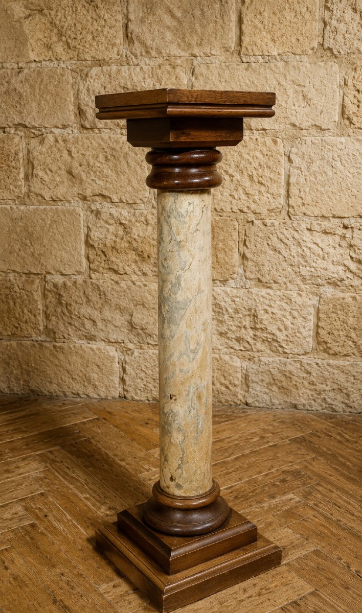 Sellette colonne piédestal en bois et laque en faut semblant de marbre XIXeme 