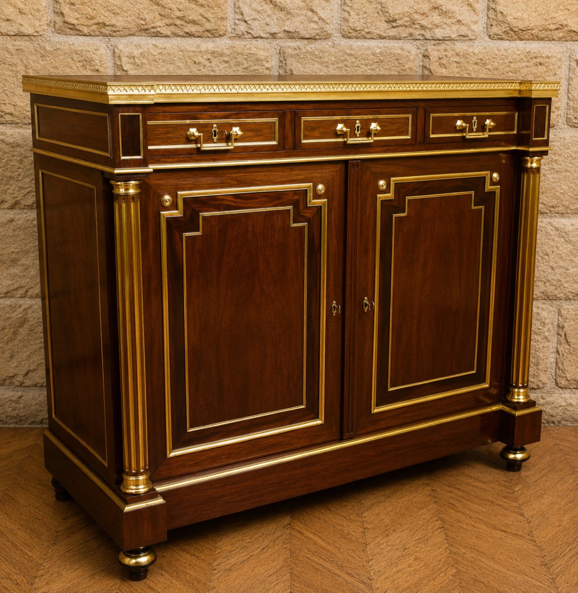 A Striking Sideboard Made Of Mahogany And Gilded Bronze – White Marble Top – Louis XVI Style -photo-2