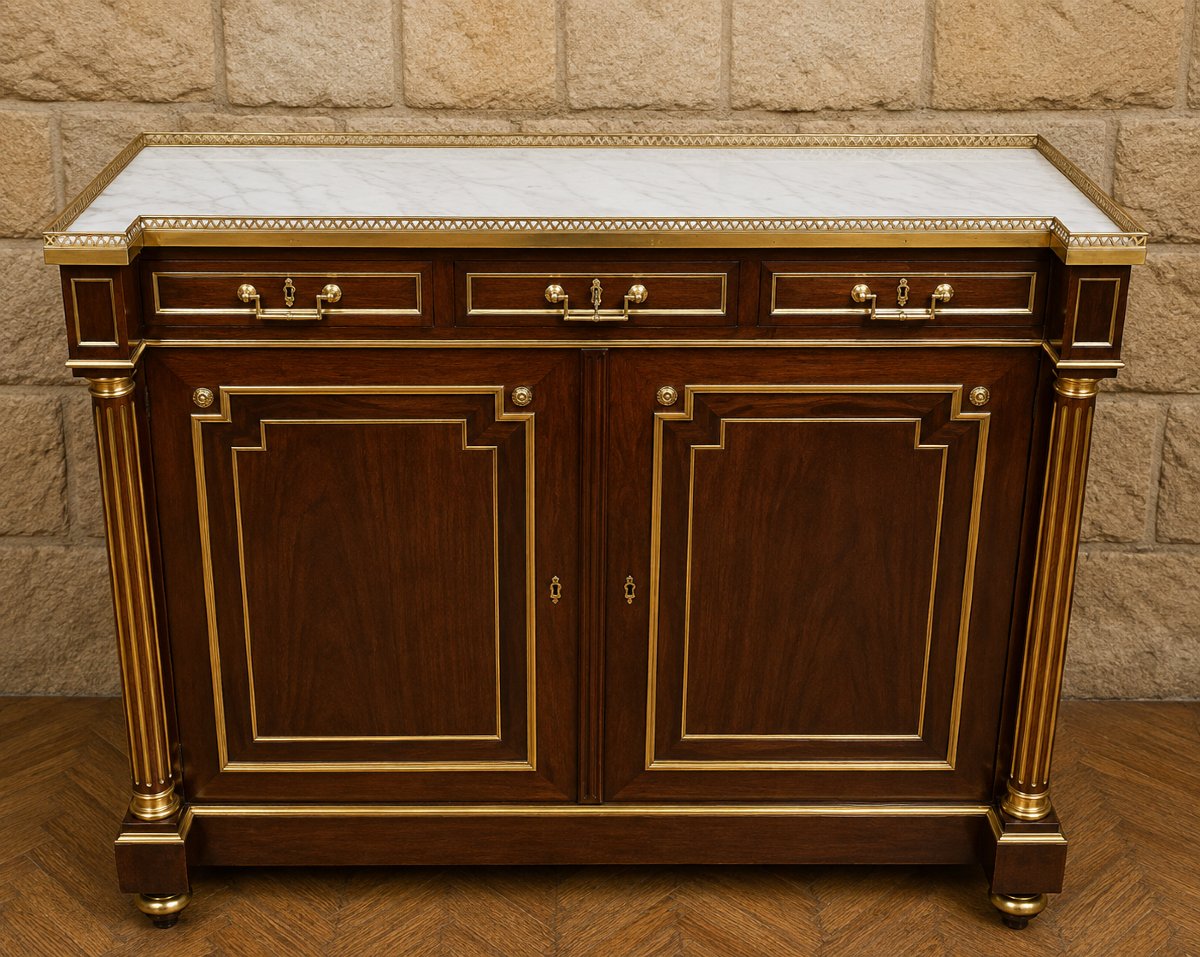 A Striking Sideboard Made Of Mahogany And Gilded Bronze – White Marble Top – Louis XVI Style -photo-1