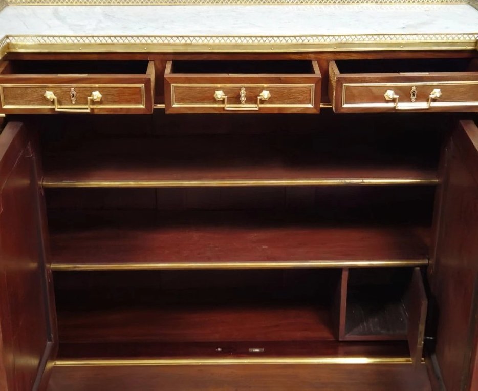 A Striking Sideboard Made Of Mahogany And Gilded Bronze – White Marble Top – Louis XVI Style -photo-2