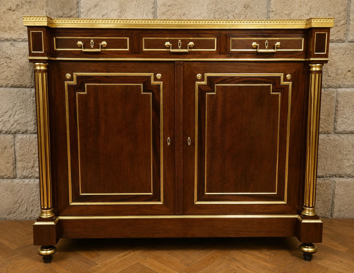 A Striking Sideboard Made Of Mahogany And Gilded Bronze – White Marble Top – Louis XVI Style 