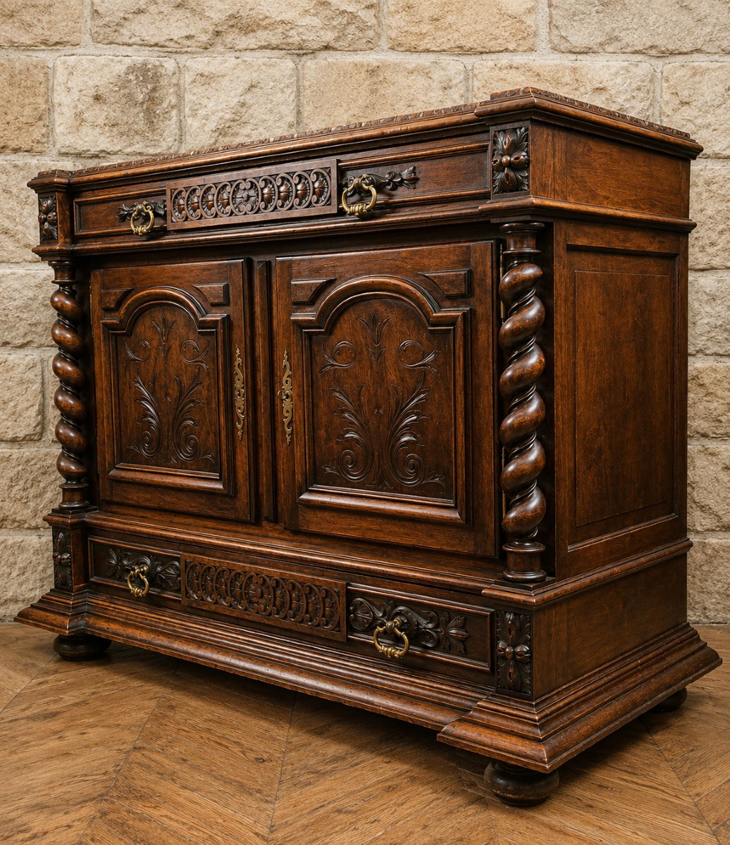 Carved Wooden Trouser Cabinet – Twisted Columns – Marble Top – 19th Century-photo-4