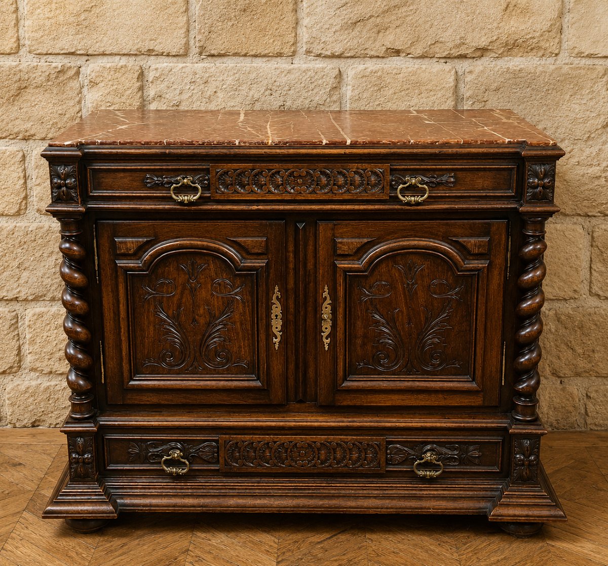 Carved Wooden Trouser Cabinet – Twisted Columns – Marble Top – 19th Century-photo-2