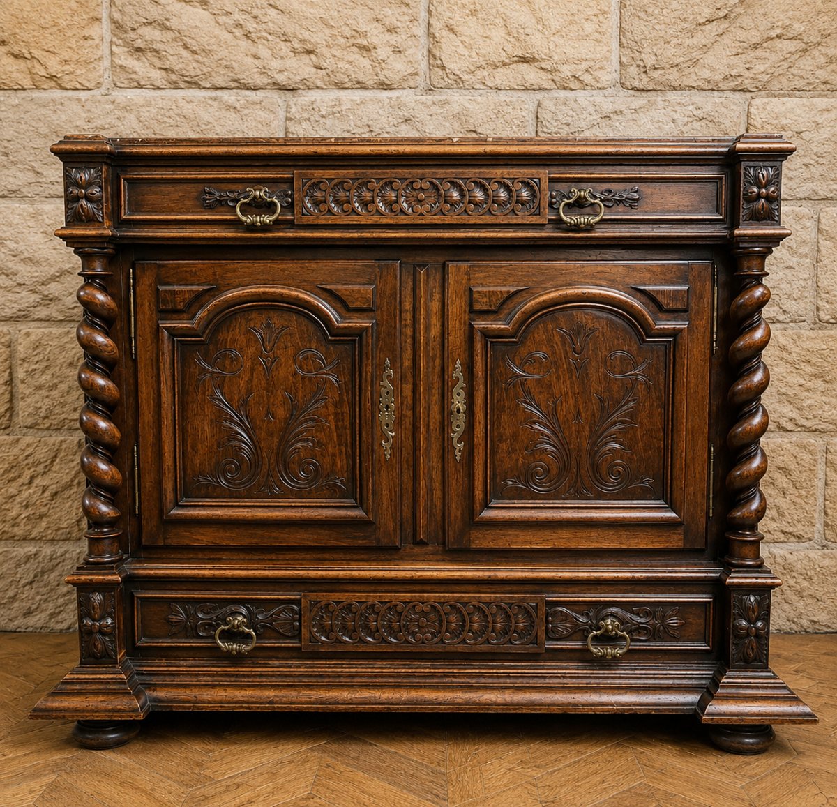 Carved Wooden Trouser Cabinet – Twisted Columns – Marble Top – 19th Century