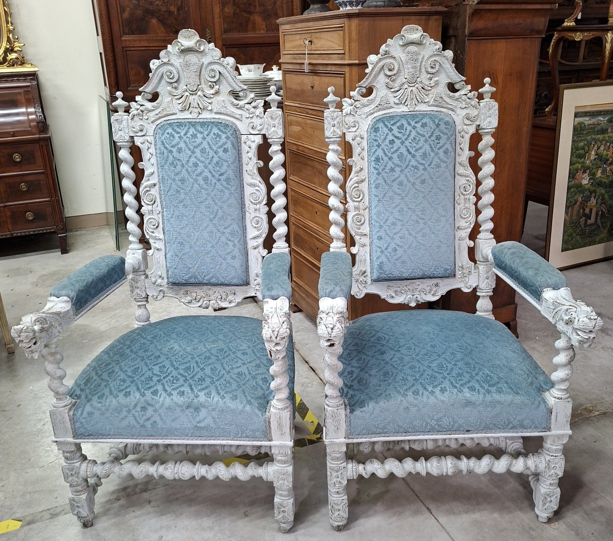 Pair Of Carved Wooden Ceremonial Armchairs – Twisted Columns And Lion Heads -photo-2