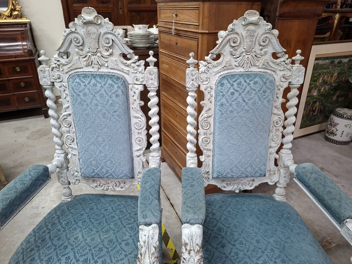 Pair Of Carved Wooden Ceremonial Armchairs – Twisted Columns And Lion Heads -photo-3