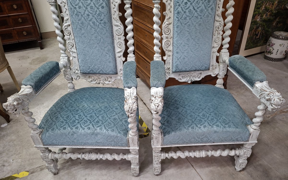 Pair Of Carved Wooden Ceremonial Armchairs – Twisted Columns And Lion Heads -photo-4