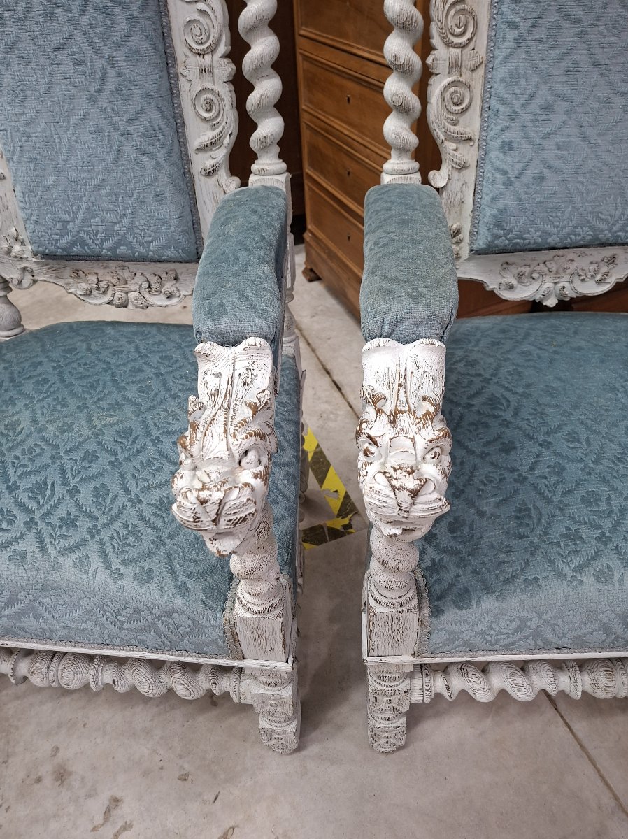 Pair Of Carved Wooden Ceremonial Armchairs – Twisted Columns And Lion Heads -photo-1