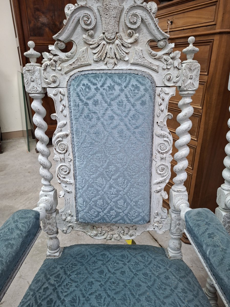 Pair Of Carved Wooden Ceremonial Armchairs – Twisted Columns And Lion Heads -photo-3