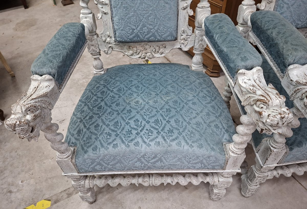 Pair Of Carved Wooden Ceremonial Armchairs – Twisted Columns And Lion Heads -photo-4