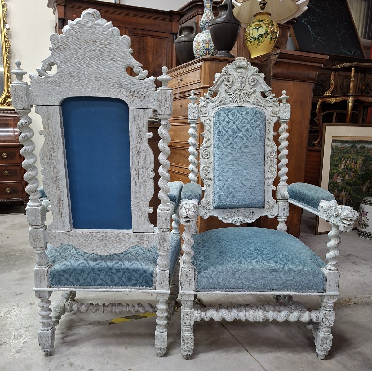Pair Of Carved Wooden Ceremonial Armchairs – Twisted Columns And Lion Heads -photo-5