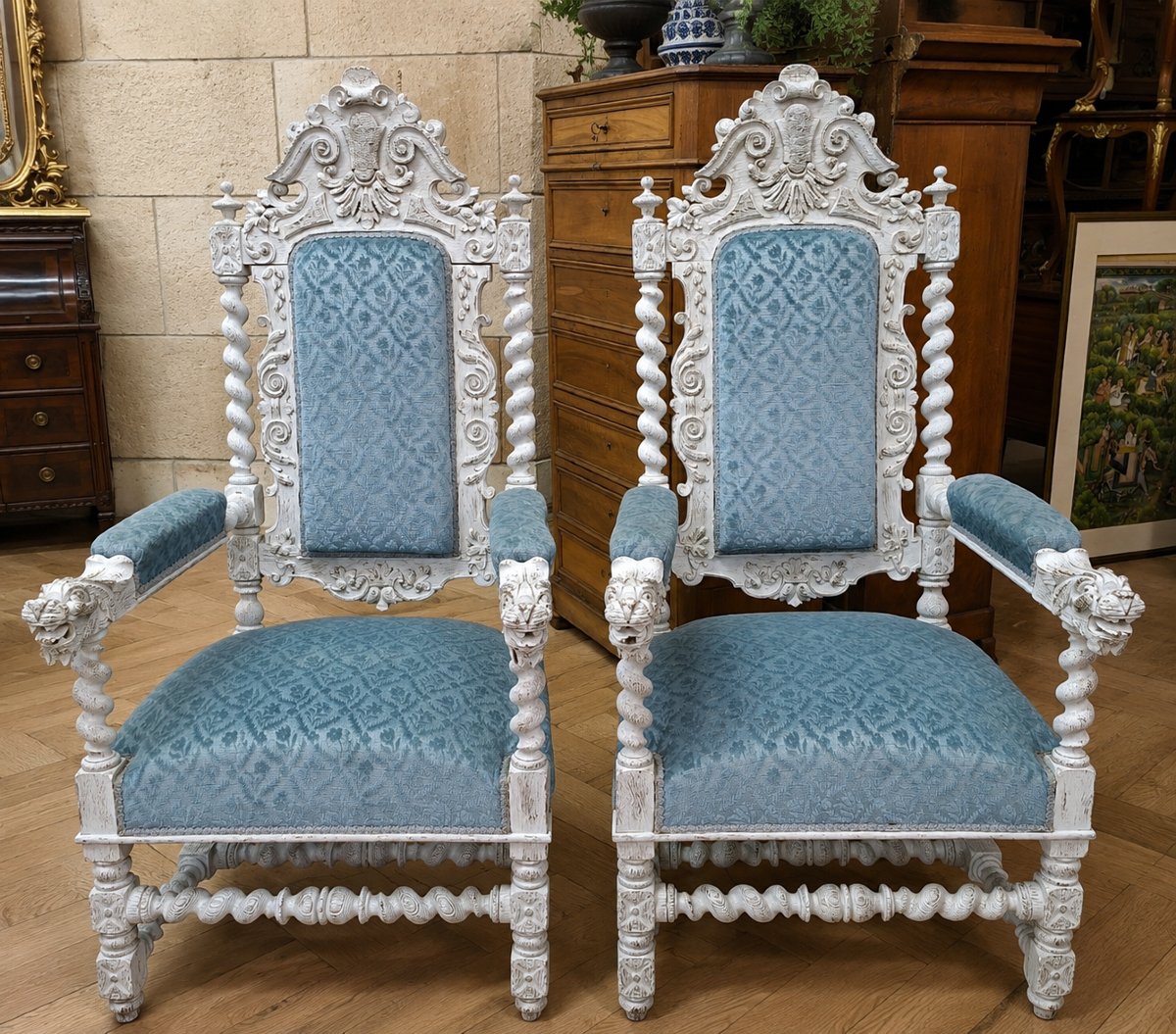 Pair Of Carved Wooden Ceremonial Armchairs – Twisted Columns And Lion Heads 