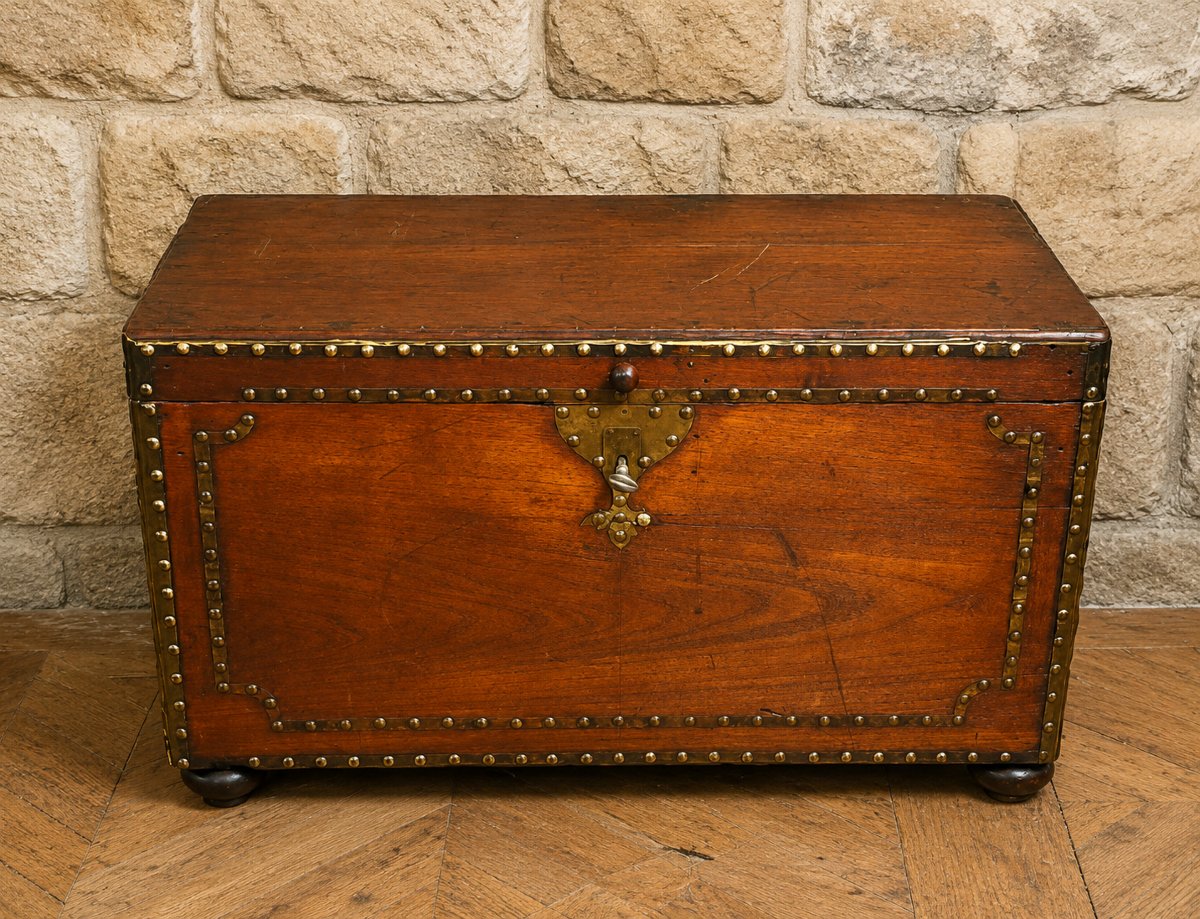 Wooden And Brass-studded Travel Trunk – Key Lock – 19th Century  