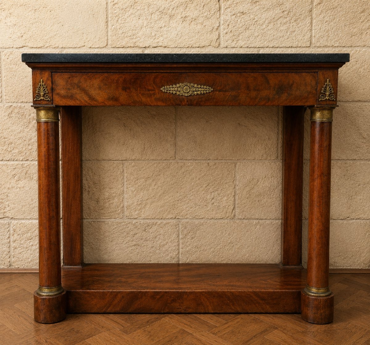 Empire-style Mahogany Console Table – Freestanding Columns – Black Marble – Early 19th Century 