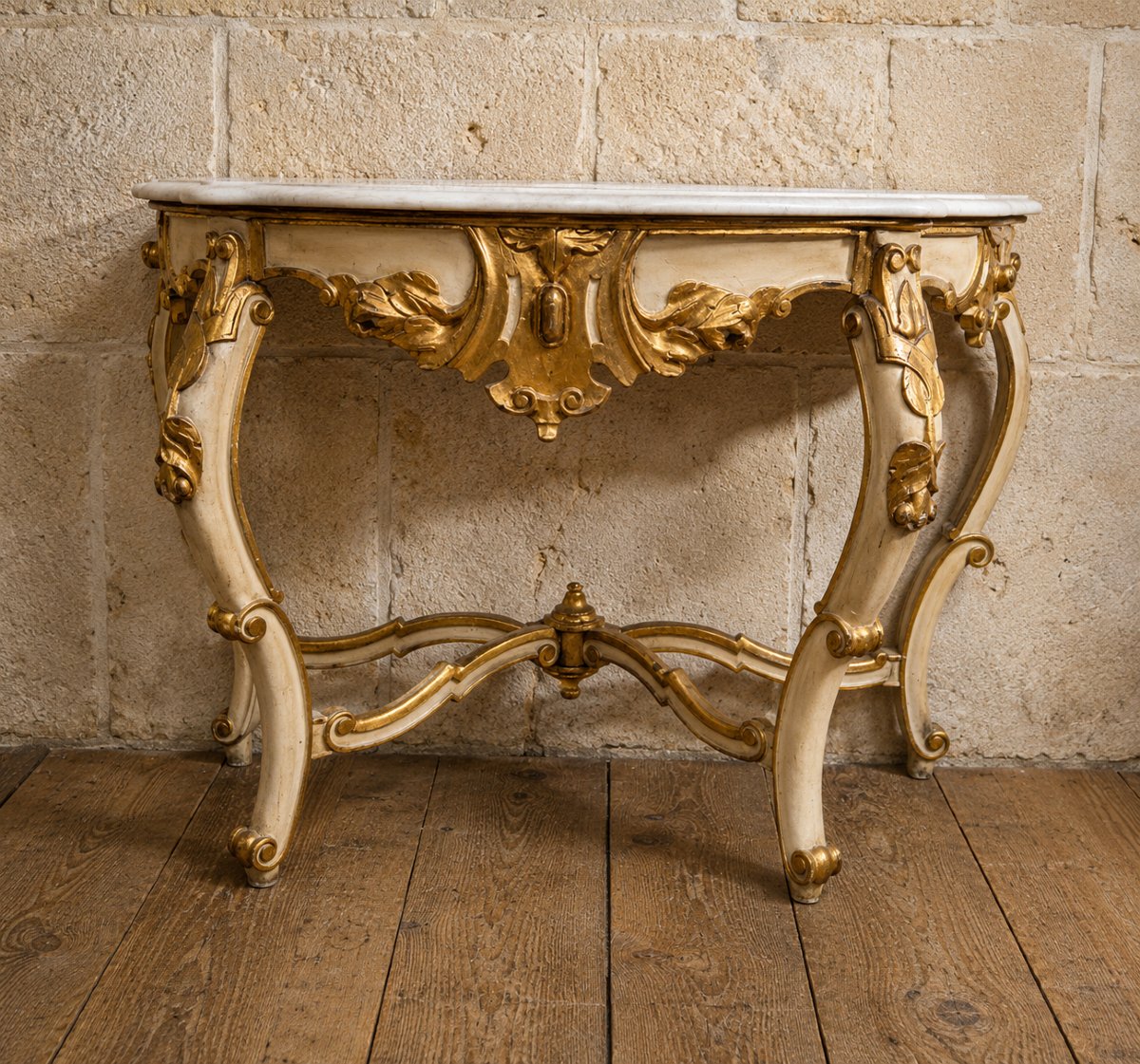 Console de style Louis XV – Bois laqué crème et doré – Dessus de marbre blanc-photo-3
