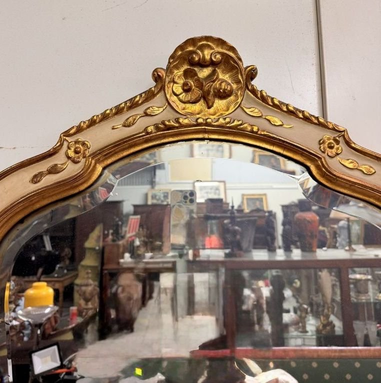 Grand miroir de cheminée – Bois laqué crème et doré – Style Louis XV / Napoléon III -photo-2