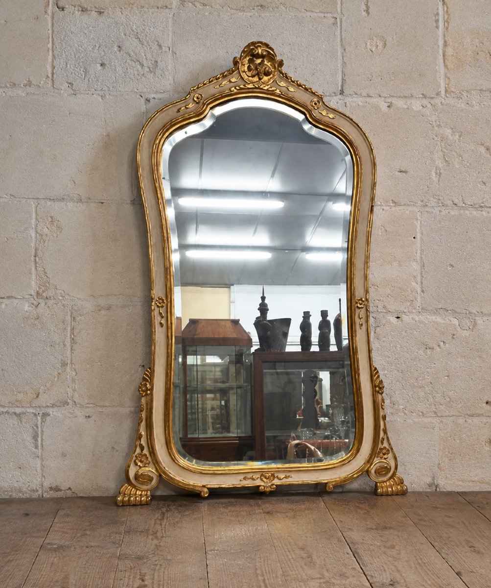 Grand miroir de cheminée – Bois laqué crème et doré – Style Louis XV / Napoléon III -photo-3
