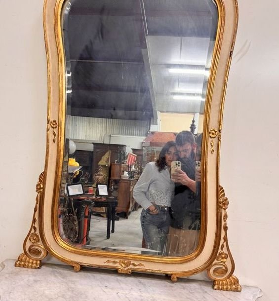 Grand miroir de cheminée – Bois laqué crème et doré – Style Louis XV / Napoléon III -photo-4