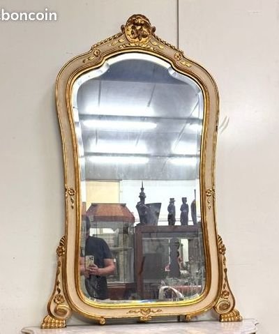 Grand miroir de cheminée – Bois laqué crème et doré – Style Louis XV / Napoléon III -photo-1