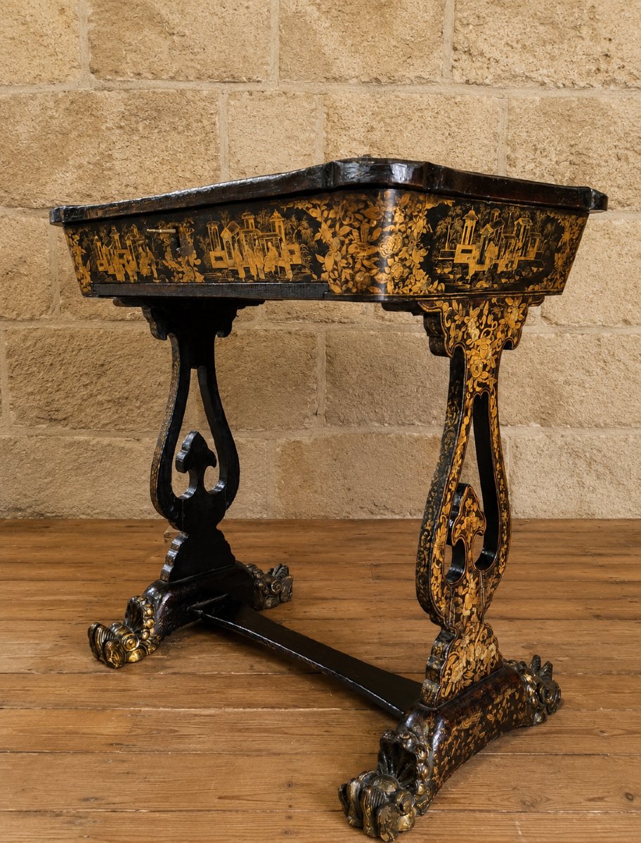 Black Lacquer Sewing Table With Gilded Chinese Motifs – 19th Century