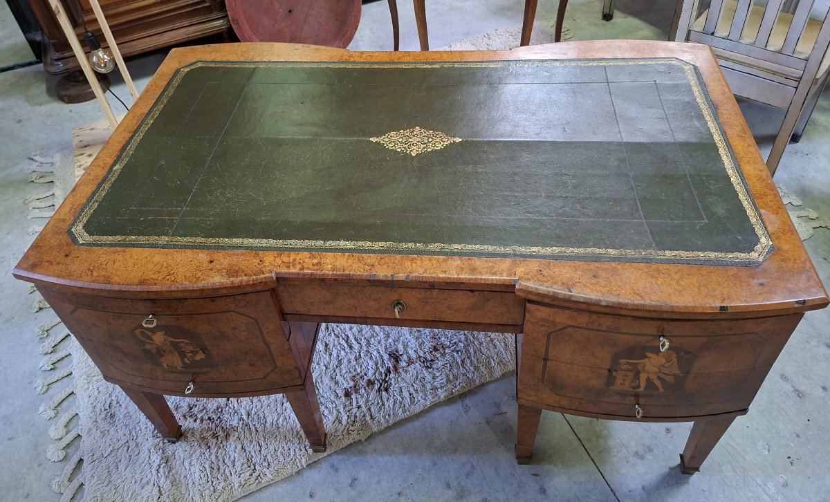 Important bureau à caissons en loupe et marqueterie – Décor néoclassique -photo-2