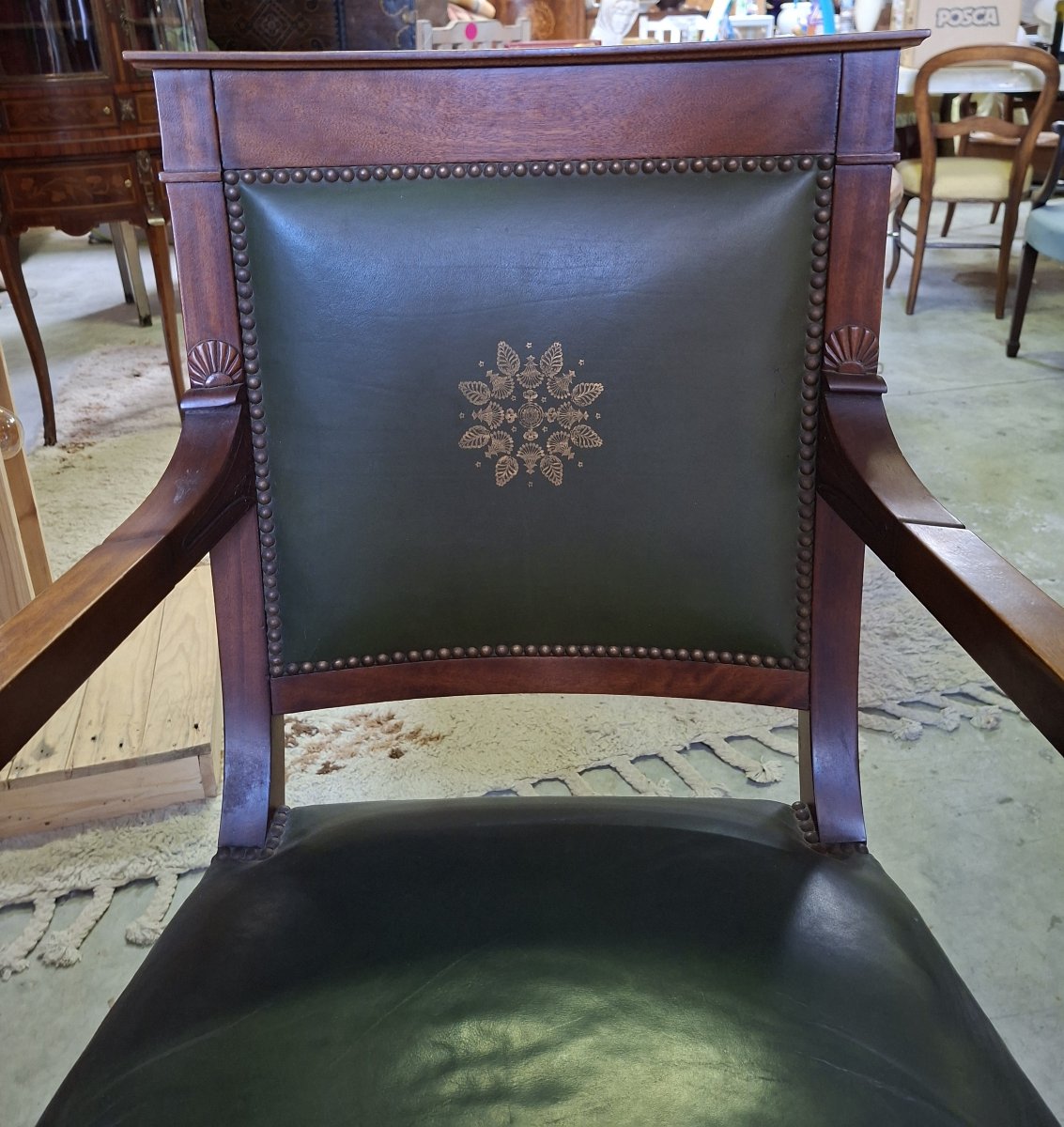 Fauteuil de bureau Empire à têtes d’Égyptiennes – Acajou et cuir vert -photo-2
