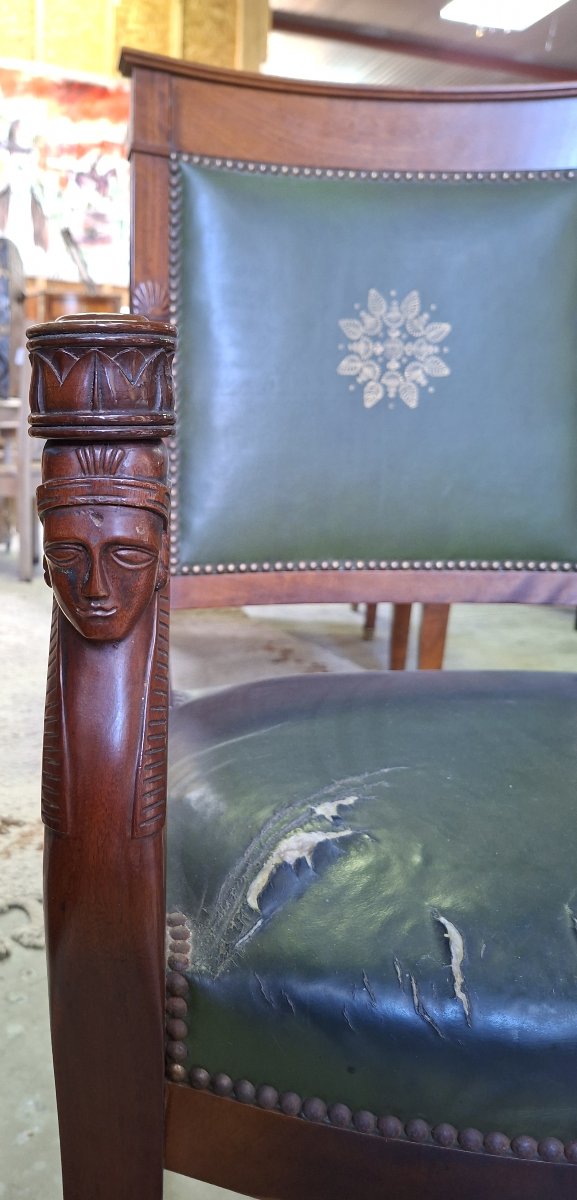 Fauteuil de bureau Empire à têtes d’Égyptiennes – Acajou et cuir vert -photo-4