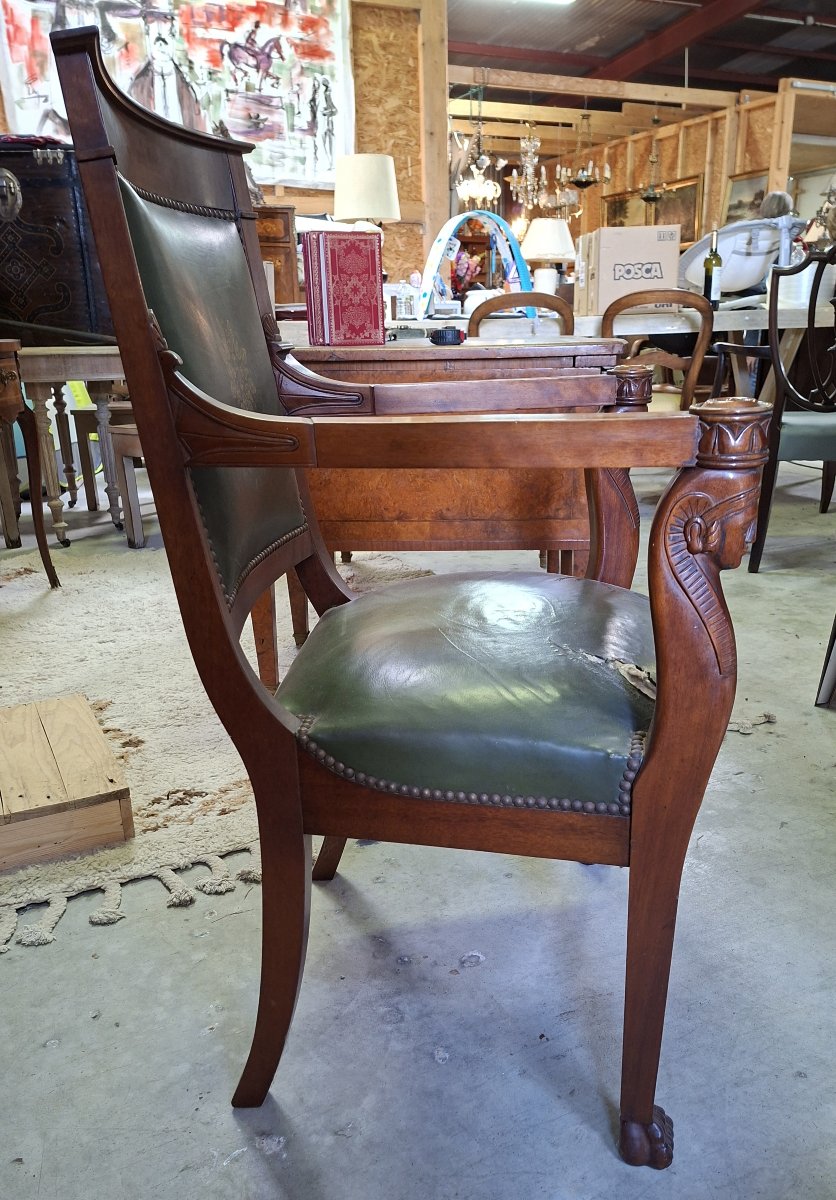 Fauteuil de bureau Empire à têtes d’Égyptiennes – Acajou et cuir vert -photo-3