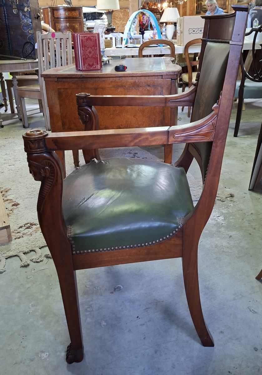 Fauteuil de bureau Empire à têtes d’Égyptiennes – Acajou et cuir vert -photo-5