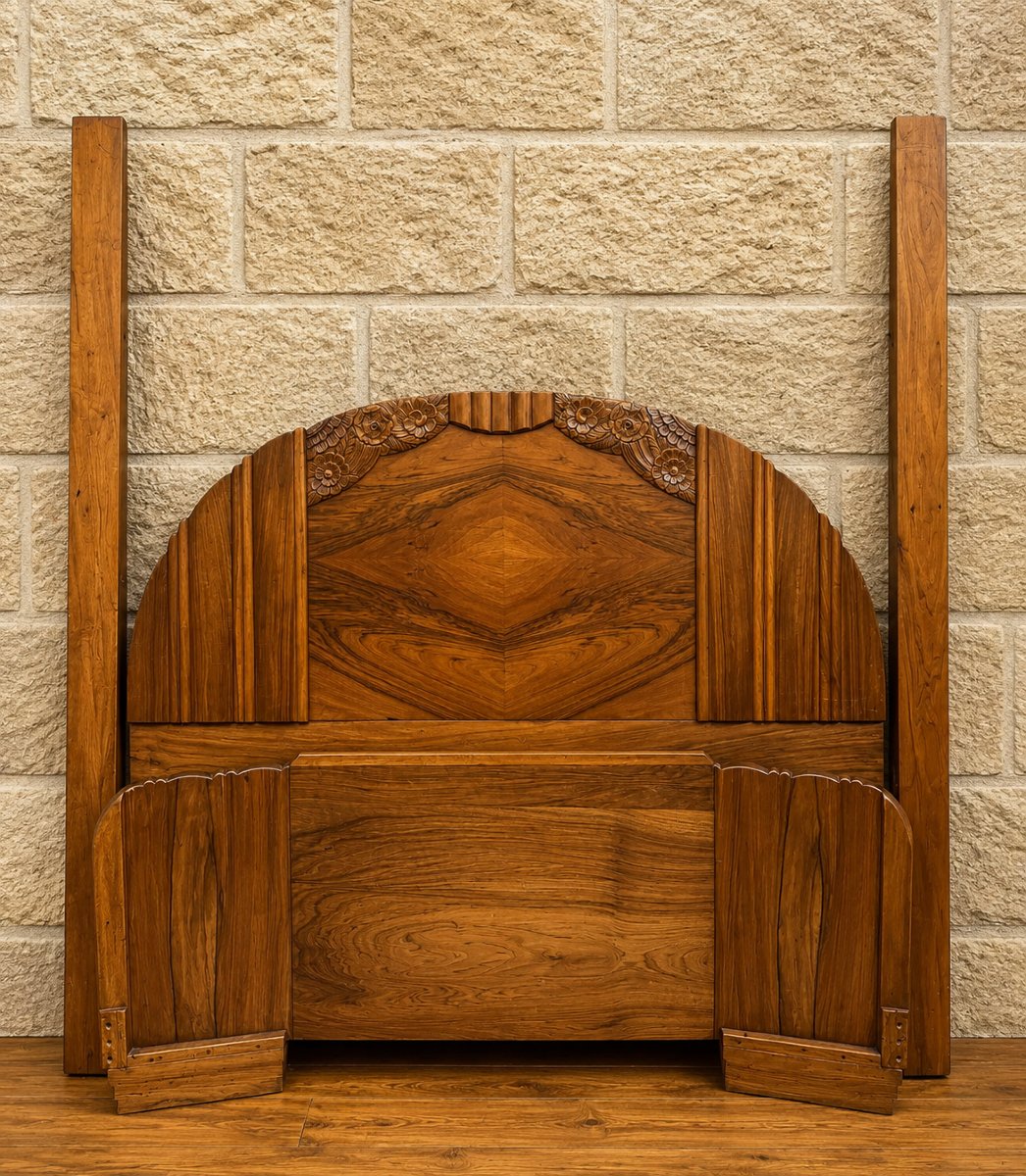 Art Deco-era Fan-shaped Bed In Walnut – Stylized Floral Design – Circa 1930  -photo-3