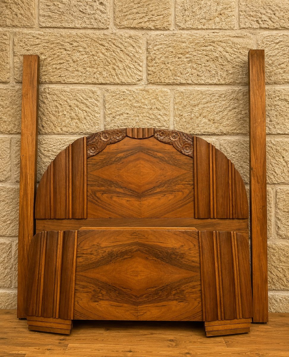 Art Deco-era Fan-shaped Bed In Walnut – Stylized Floral Design – Circa 1930  -photo-1