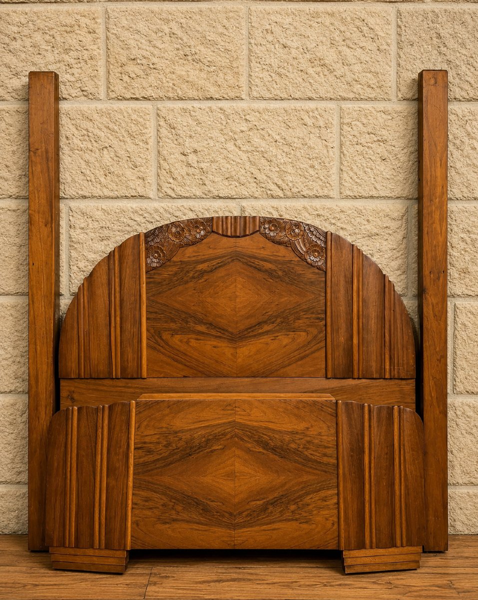 Art Deco-era Fan-shaped Bed In Walnut – Stylized Floral Design – Circa 1930  -photo-5