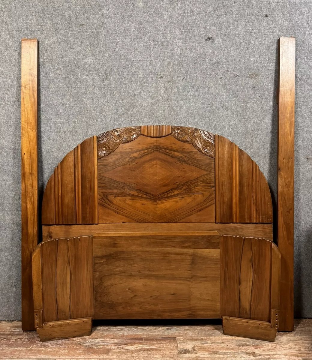 Art Deco-era Fan-shaped Bed In Walnut – Stylized Floral Design – Circa 1930  -photo-6