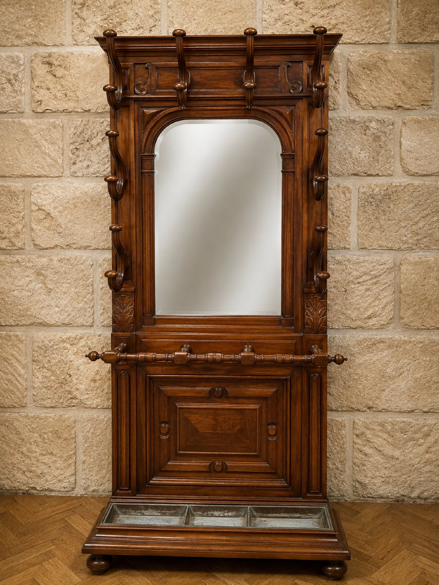 Large Walnut Mirrored Entryway Console – 19th Century -photo-4