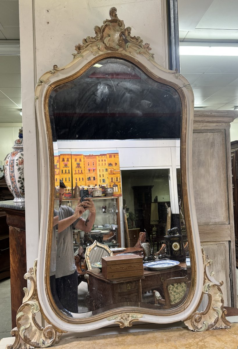 Grand miroir de style Louis XV – Décor rocaille polychrome et doré -photo-2