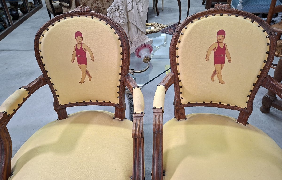 Pair Of Louis XVI Cabriolet Armchairs – Original Blédina Bathers Motif-photo-2