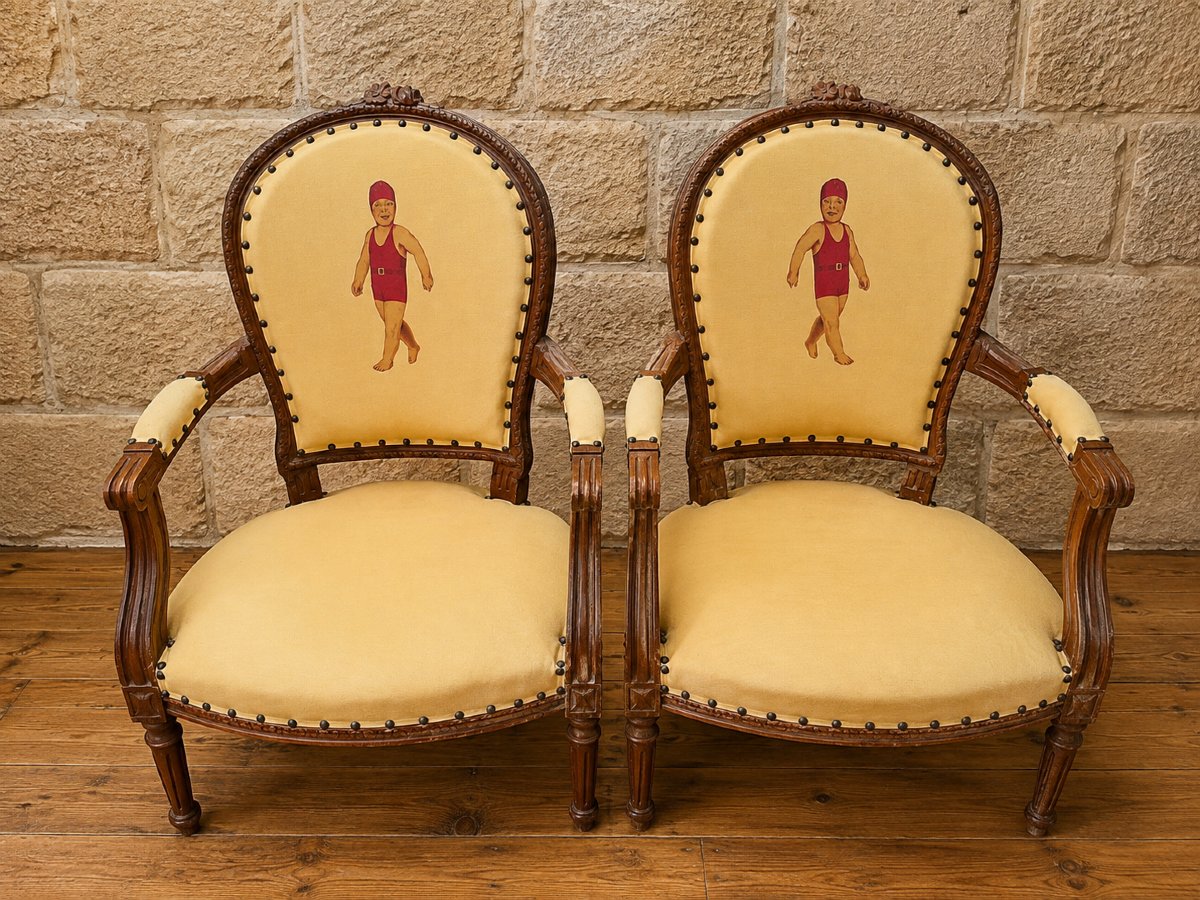 Pair Of Louis XVI Cabriolet Armchairs – Original Blédina Bathers Motif