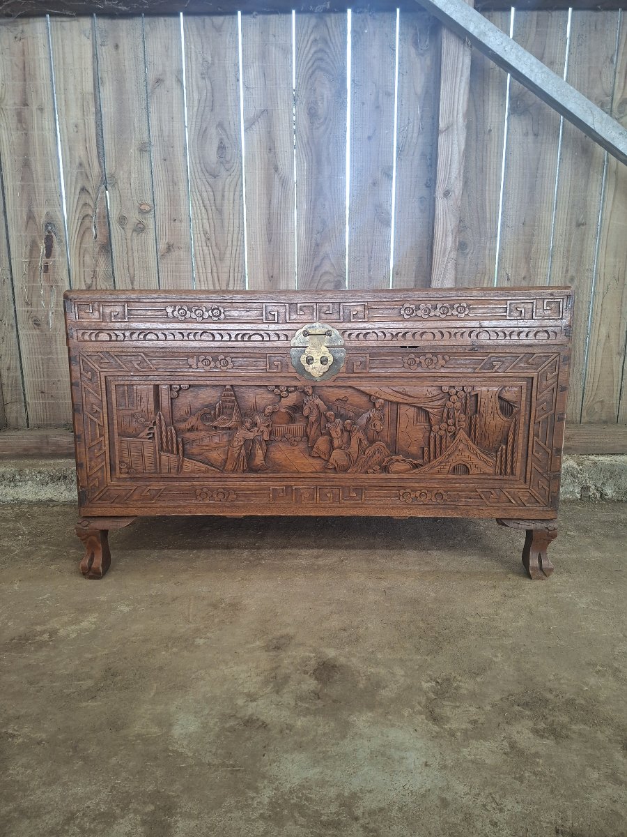 20th-century Asian Chest Made Of Camphor Wood, Richly Carved And Decorated With Traditional Motifs-photo-2