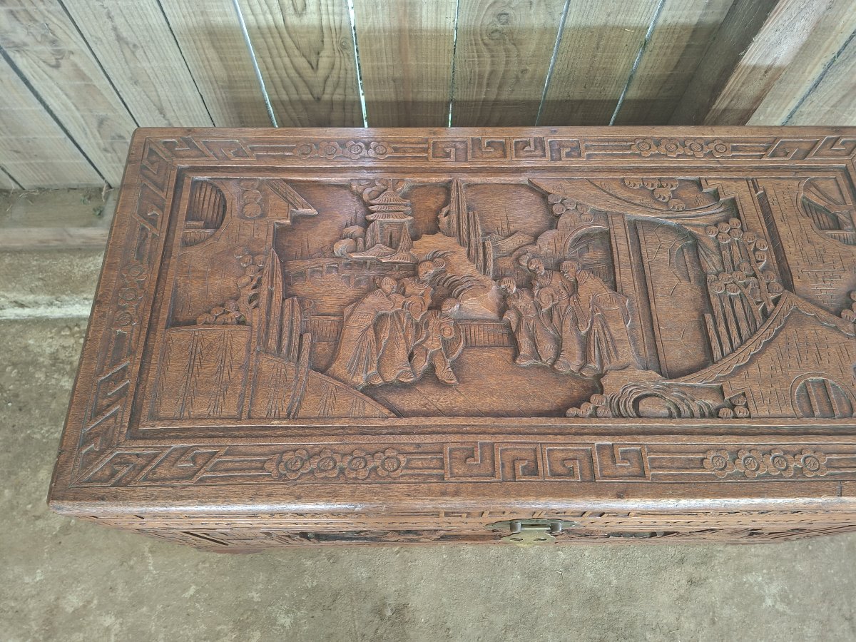 20th-century Asian Chest Made Of Camphor Wood, Richly Carved And Decorated With Traditional Motifs-photo-4