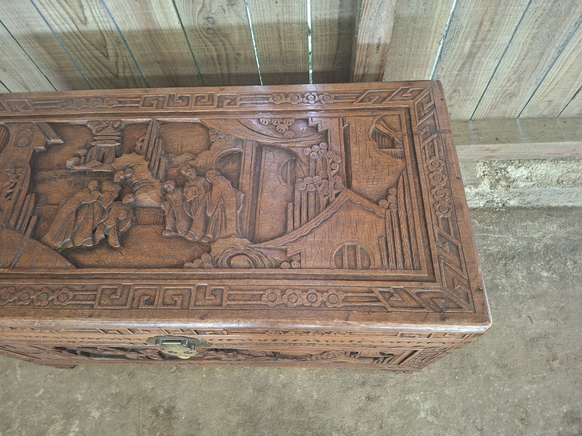20th-century Asian Chest Made Of Camphor Wood, Richly Carved And Decorated With Traditional Motifs-photo-1