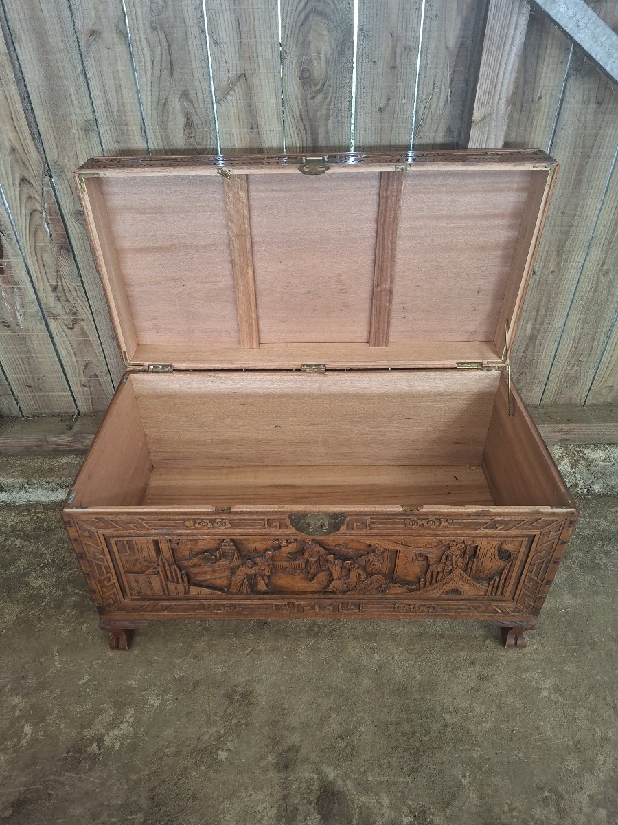 20th-century Asian Chest Made Of Camphor Wood, Richly Carved And Decorated With Traditional Motifs-photo-4